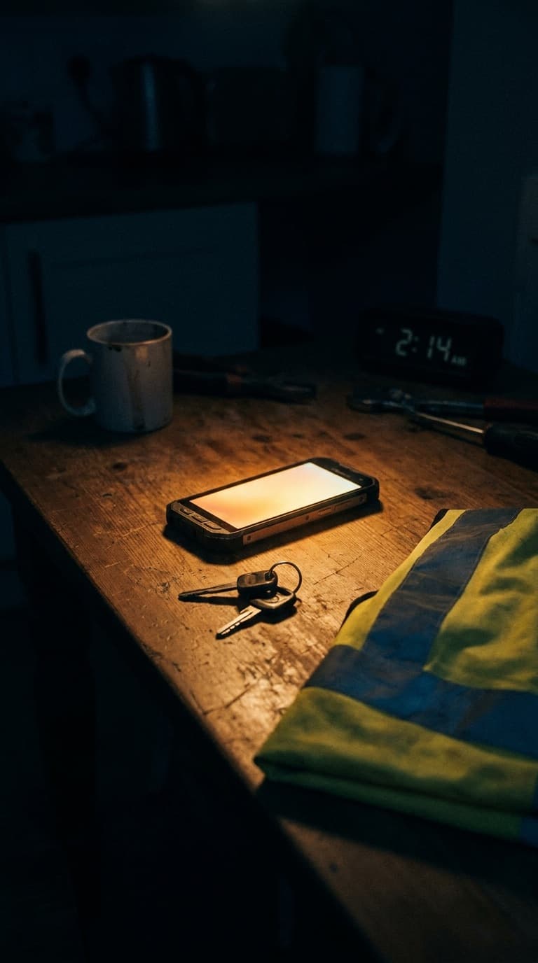 A dark kitchen at night. A phone lies face-up on the worktop, screen lit with an incoming call.