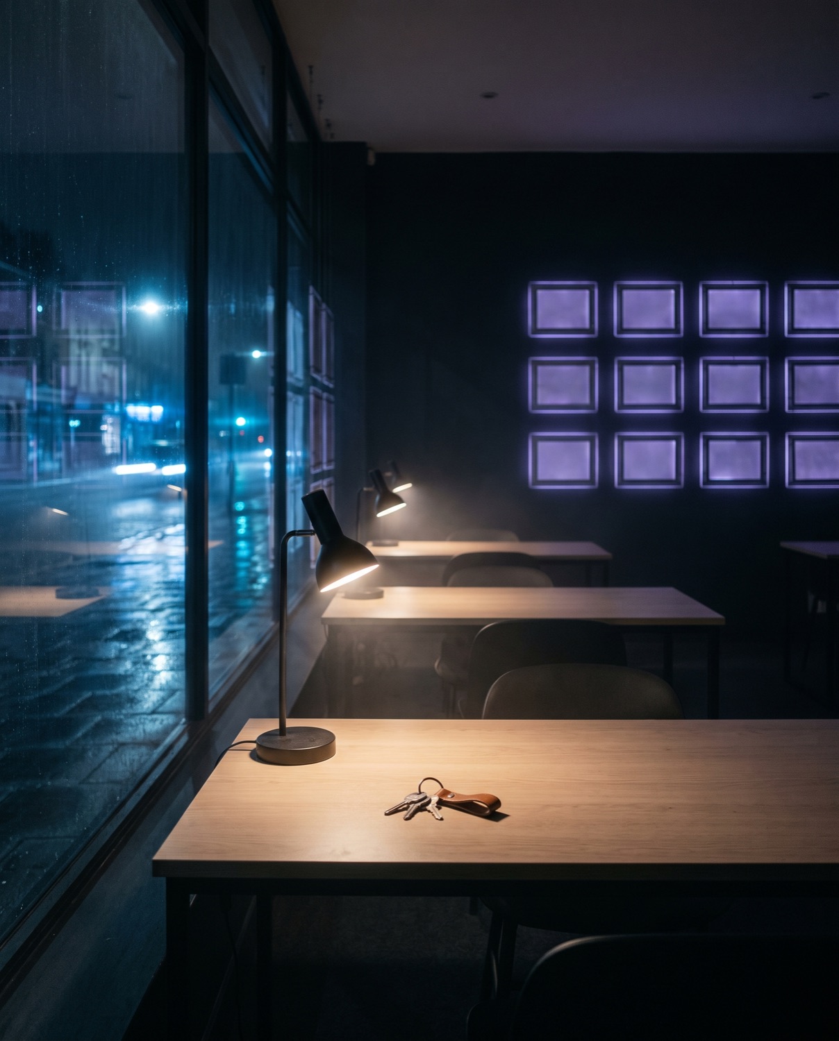 An estate agency window lit in the evening