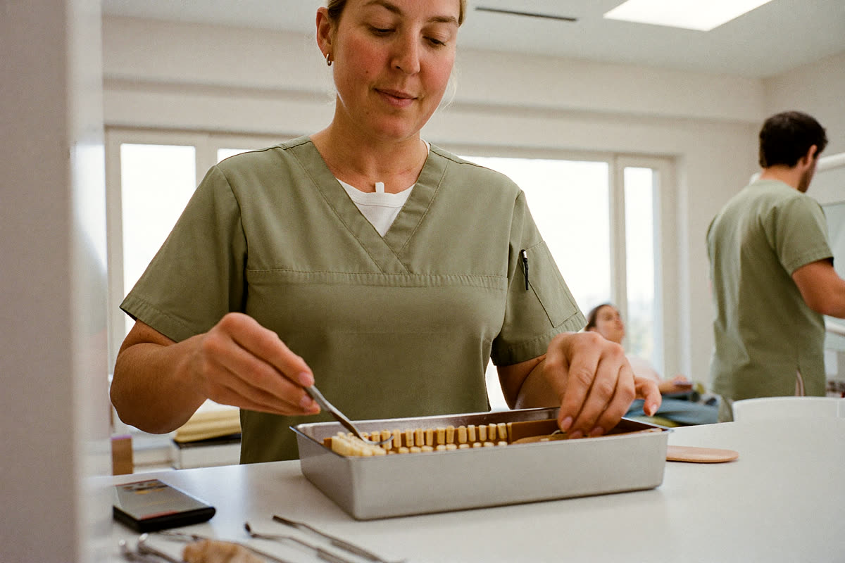 A dental nurse preparing an instrument tray in a bright surgery.
