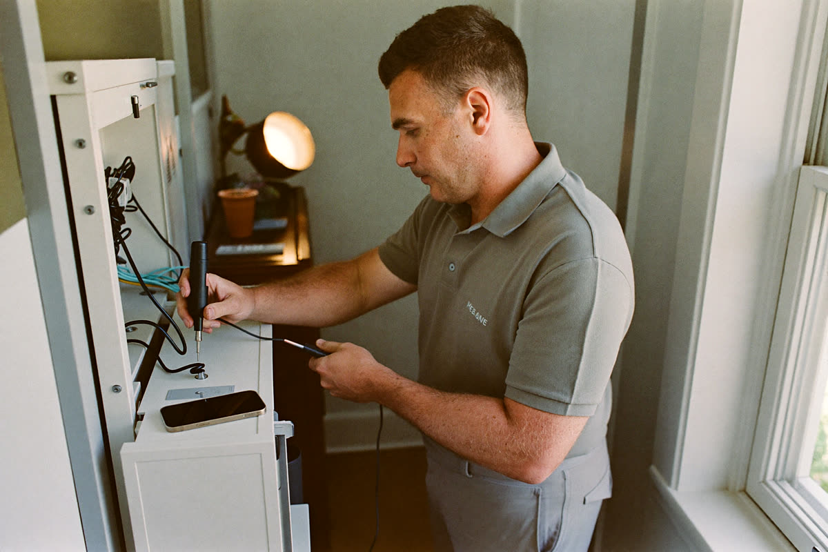 An electrician working at a consumer unit, both hands occupied, phone face down on a shelf.