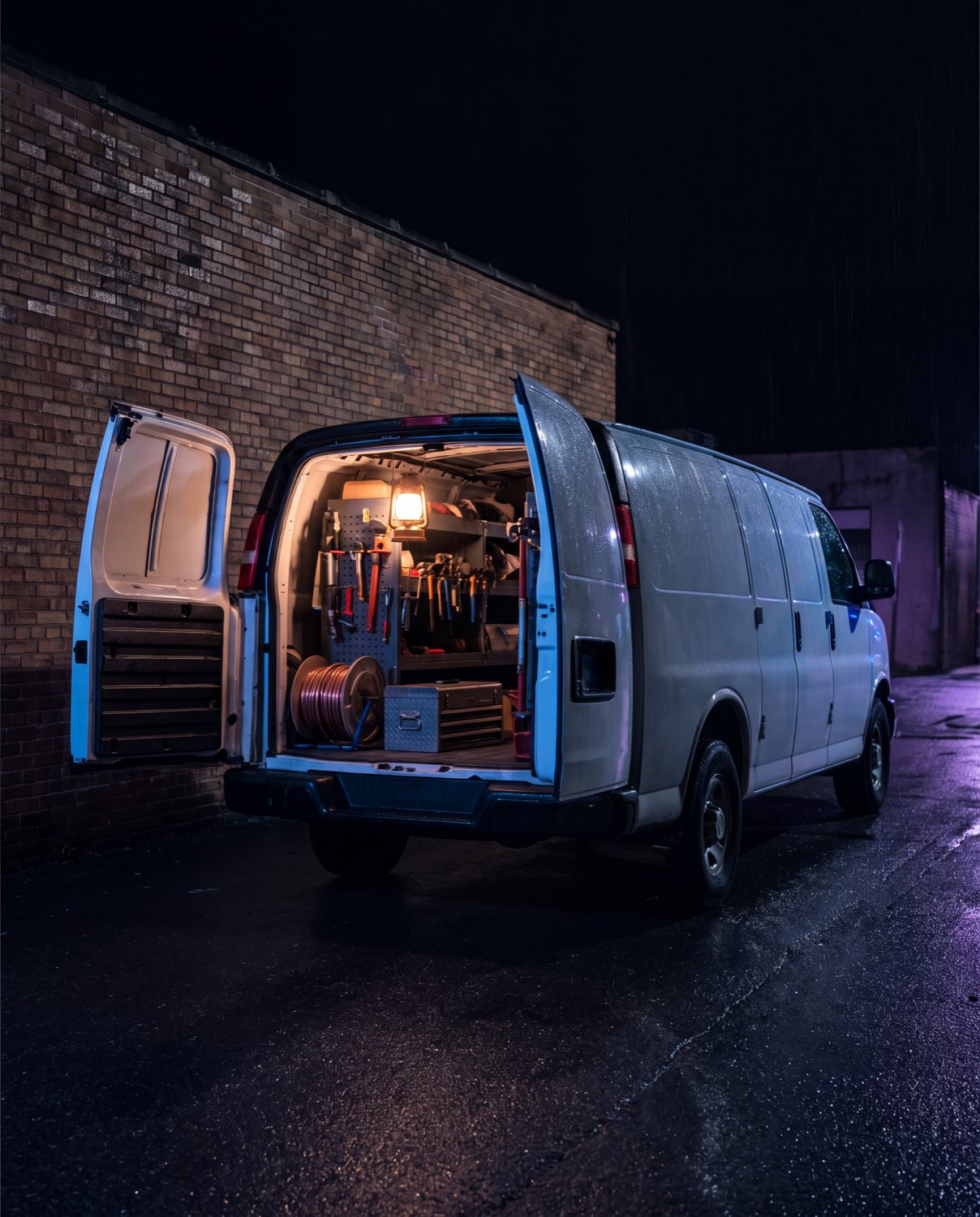 A trades van at night with its doors open and the tools lit inside
