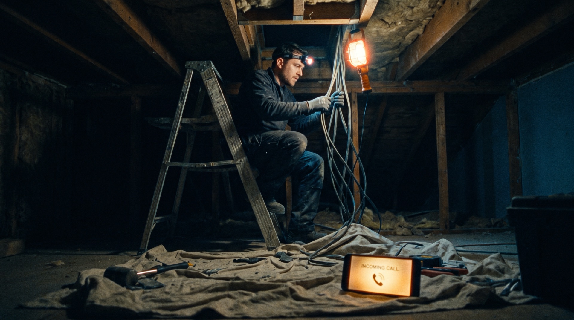 Electrician working at the top of a ladder while his phone rings below