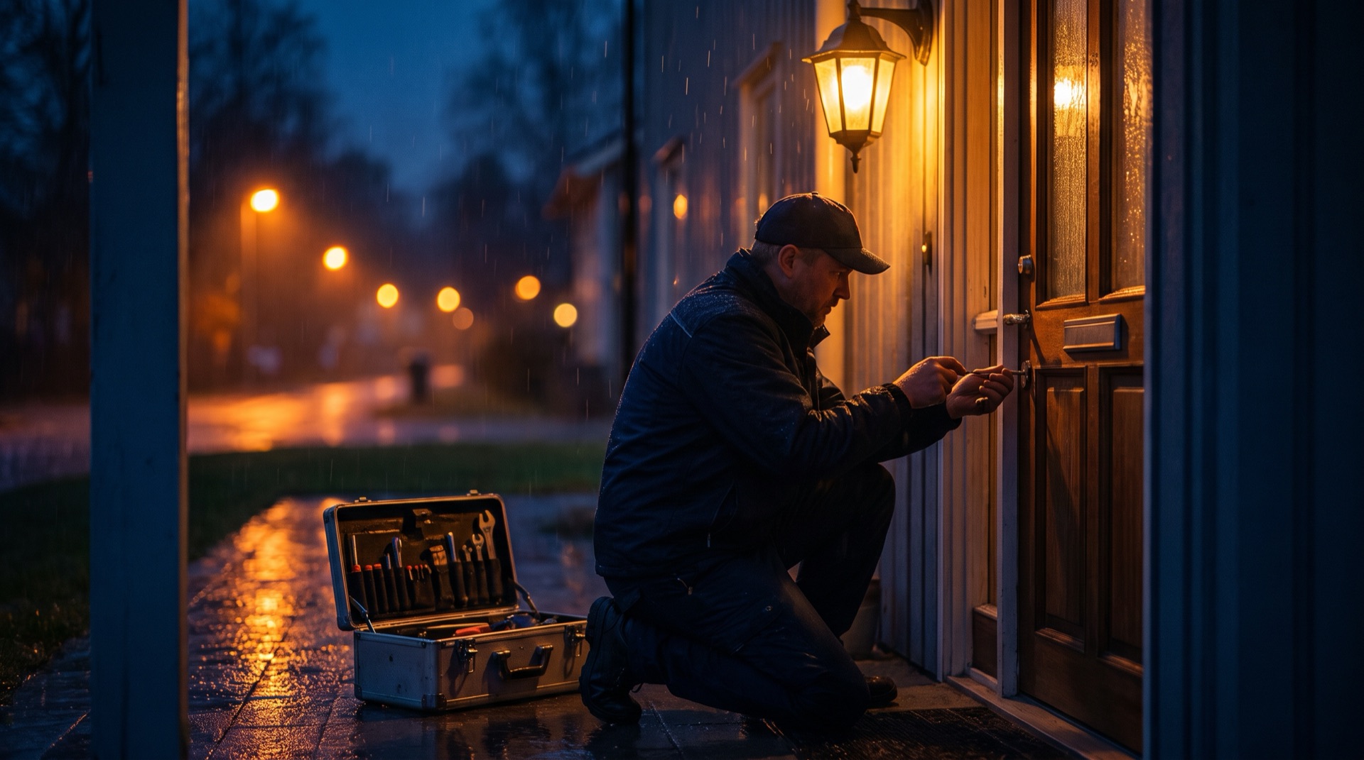 Locksmith working at a front door at night