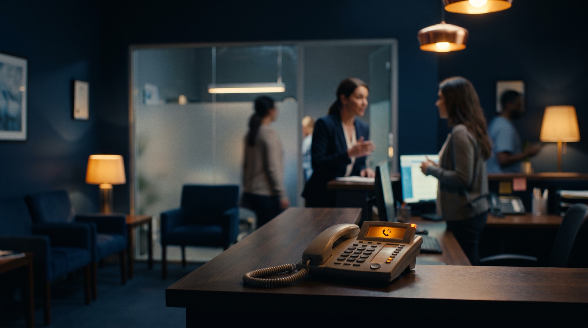Busy practice reception with the desk phone ringing
