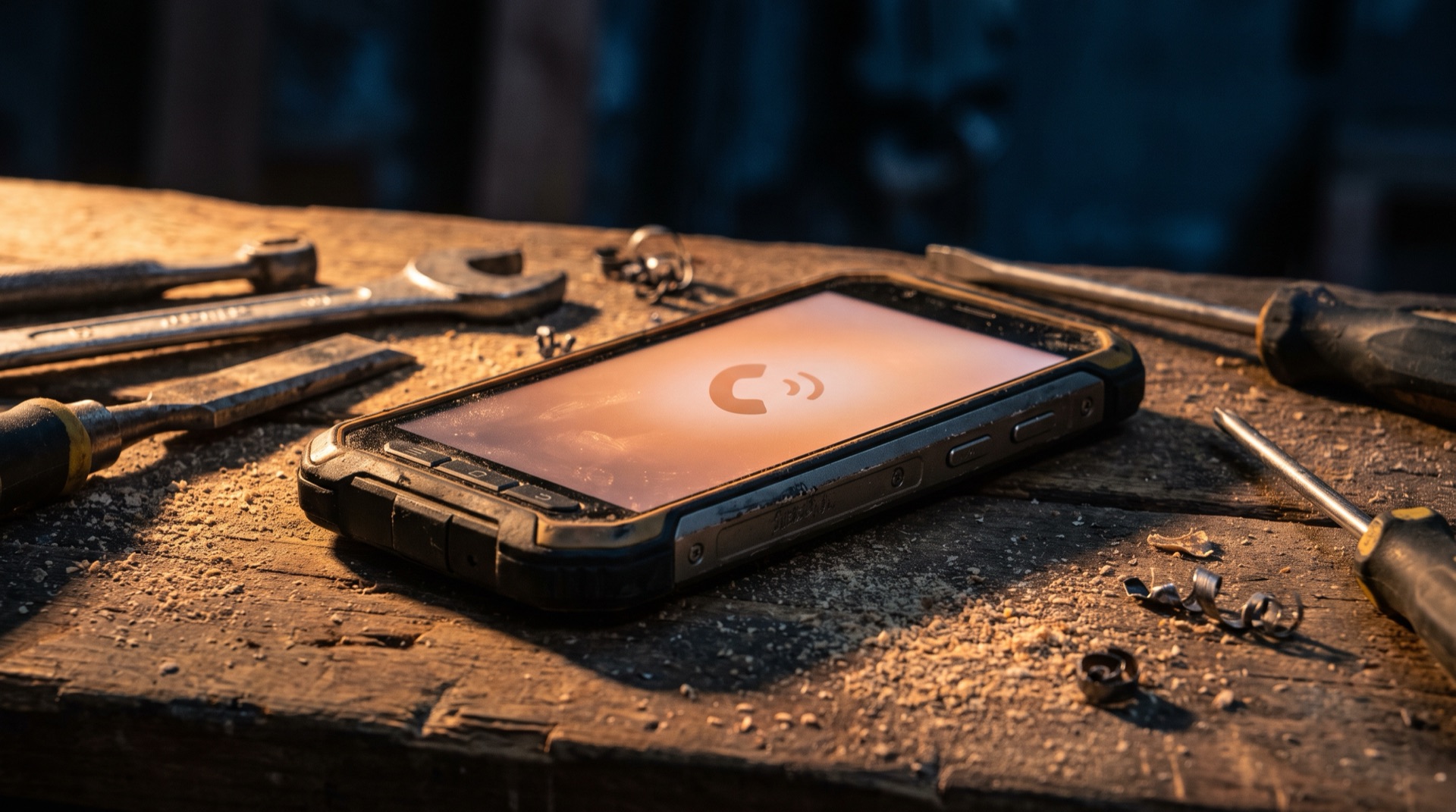 Phone glowing on a workbench